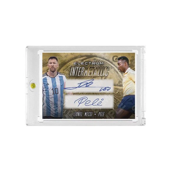 Lionel Messi & Pele 1/1 Dual Printed‑Signature Collectible Card, Electrum Intermetallic Inspired Fan‑Made Card with Magnetic One‑Touch Holder