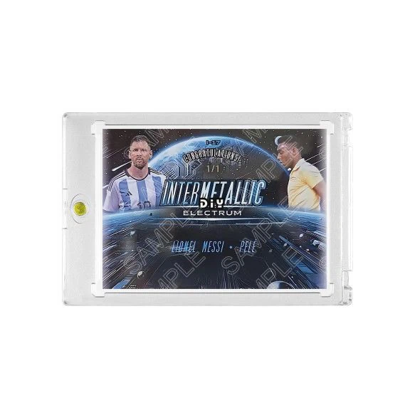 Lionel Messi & Pele 1/1 Dual Printed‑Signature Collectible Card, Electrum Intermetallic Inspired Fan‑Made Card with Magnetic One‑Touch Holder