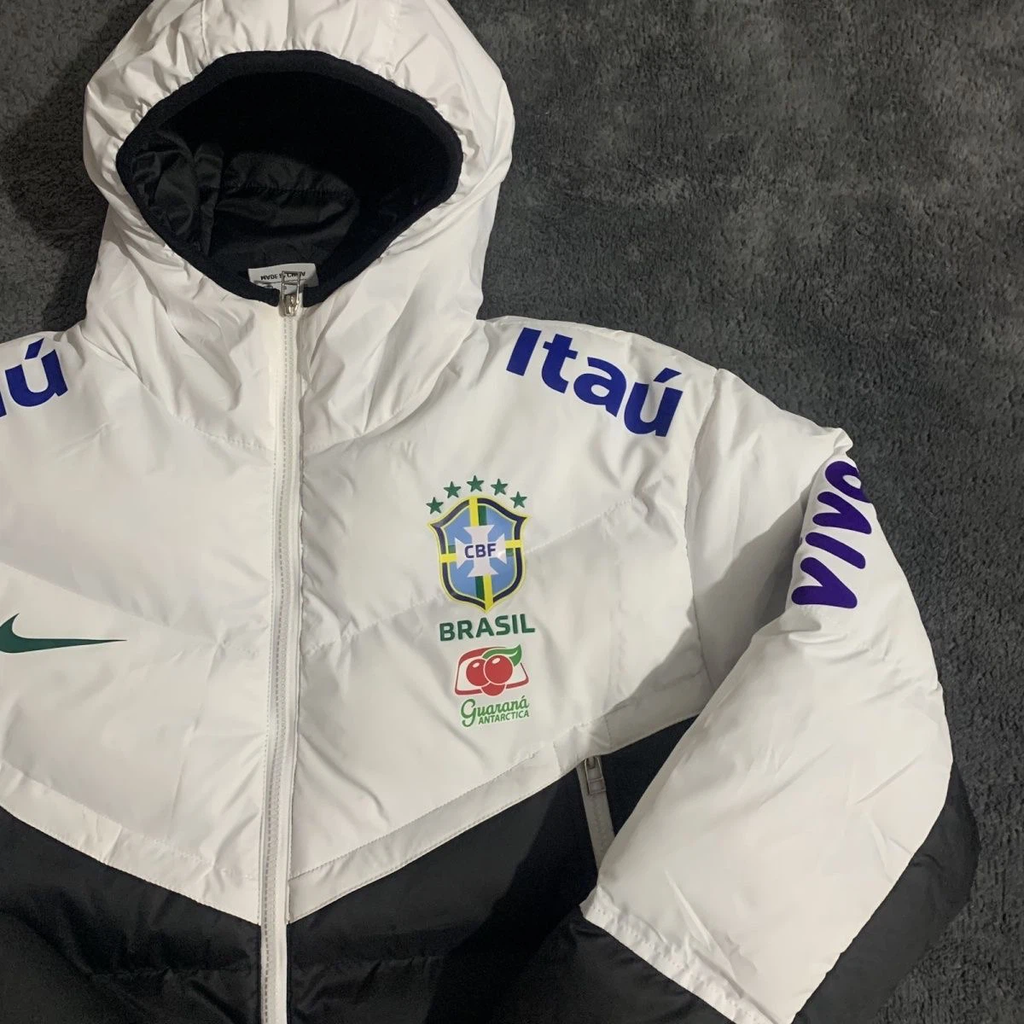 Brazil CBF Men Full‑Zip Padded Hooded Jacket Warm Winter Soccer Outerwear