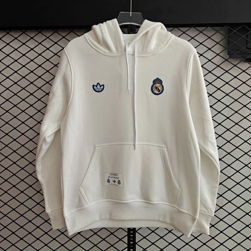 Adidas Originals Real Madrid Men’s Pullover Hoodie, Real Madrid Football Fan Sweatshirt, Off‑White