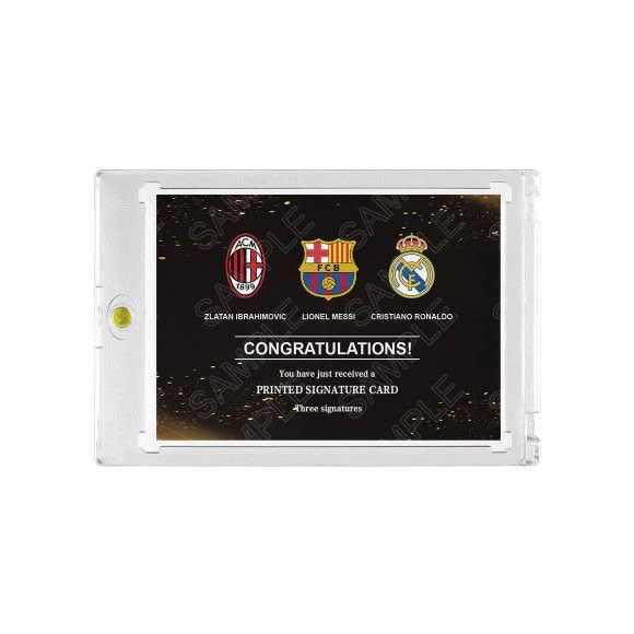 Messi Ronaldo Ibrahimovic Triple Printed‑Signature Football Collectible Card, Topps Chrome Inspired Fan‑Made Card with Magnetic Card Holder