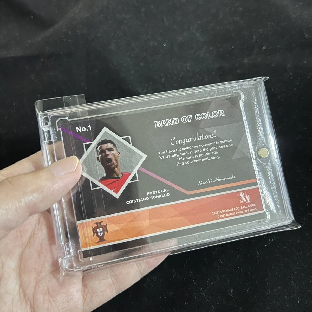 Cristiano Ronaldo Portugal Black Diamond Band of Color Simulated Gem‑Stone Fan‑Made Collectible Card No.1 with Magnetic One‑Touch Holder