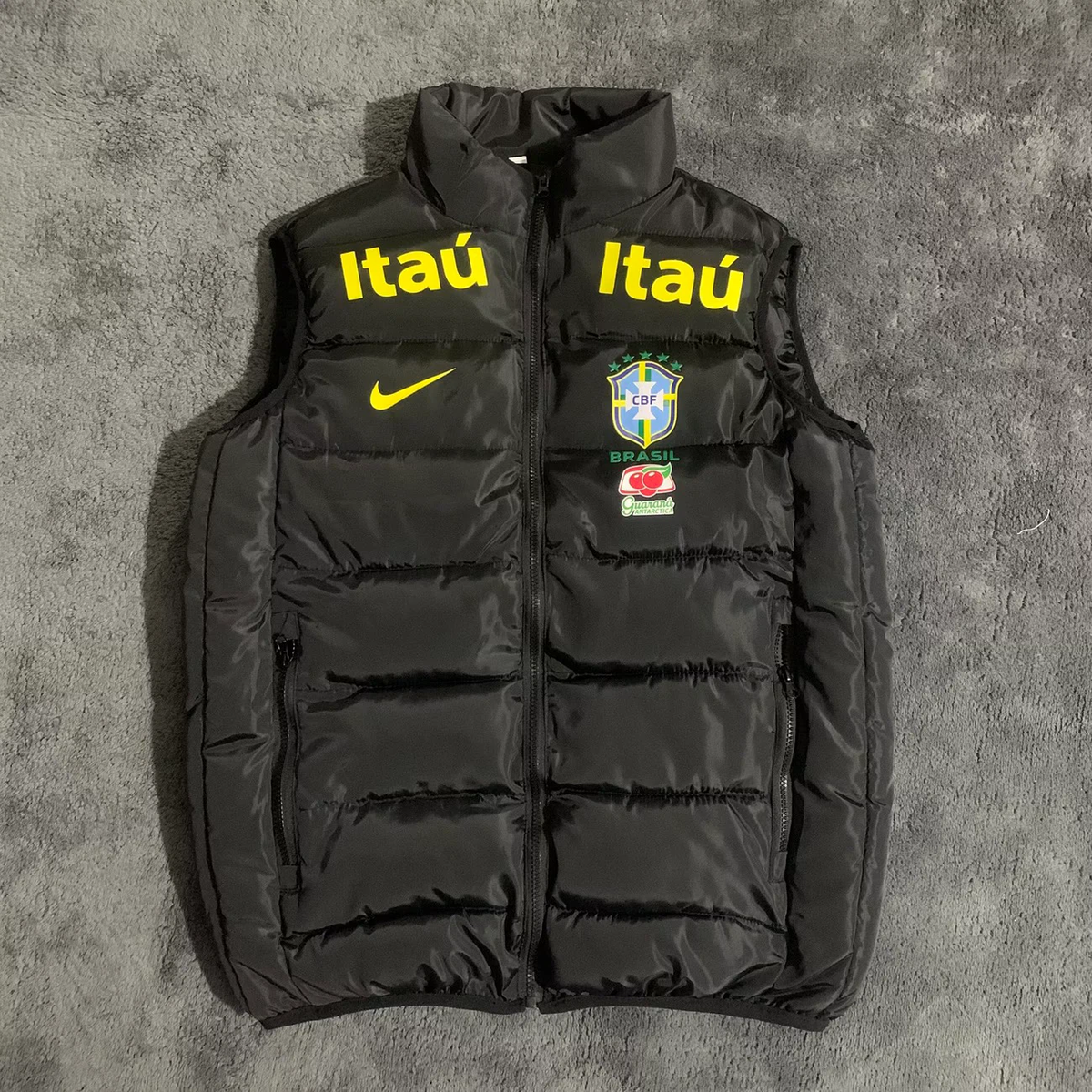 Brazil CBF Men Full‑Zip Black Sponsor Print Padded Football Training Vest